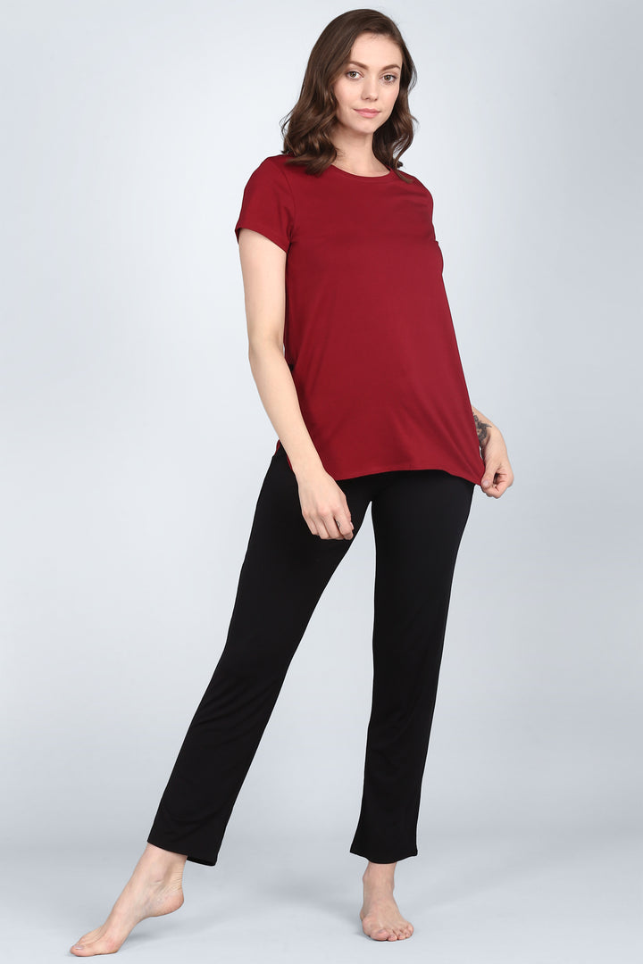 Ruby Red Lounge Set featuring a red top and black pants.