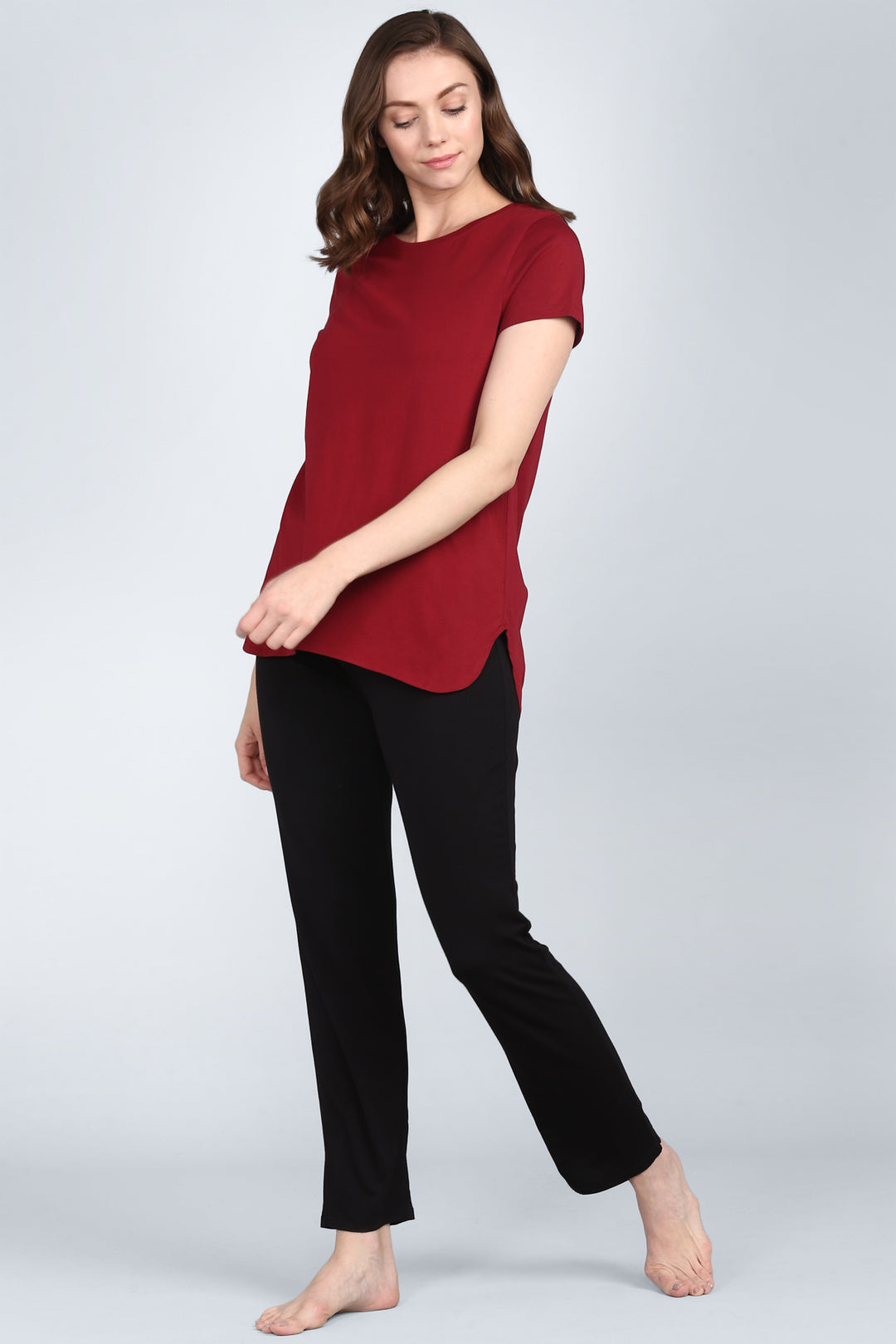 Ruby Red Lounge Set featuring a stylish red top and black pants.