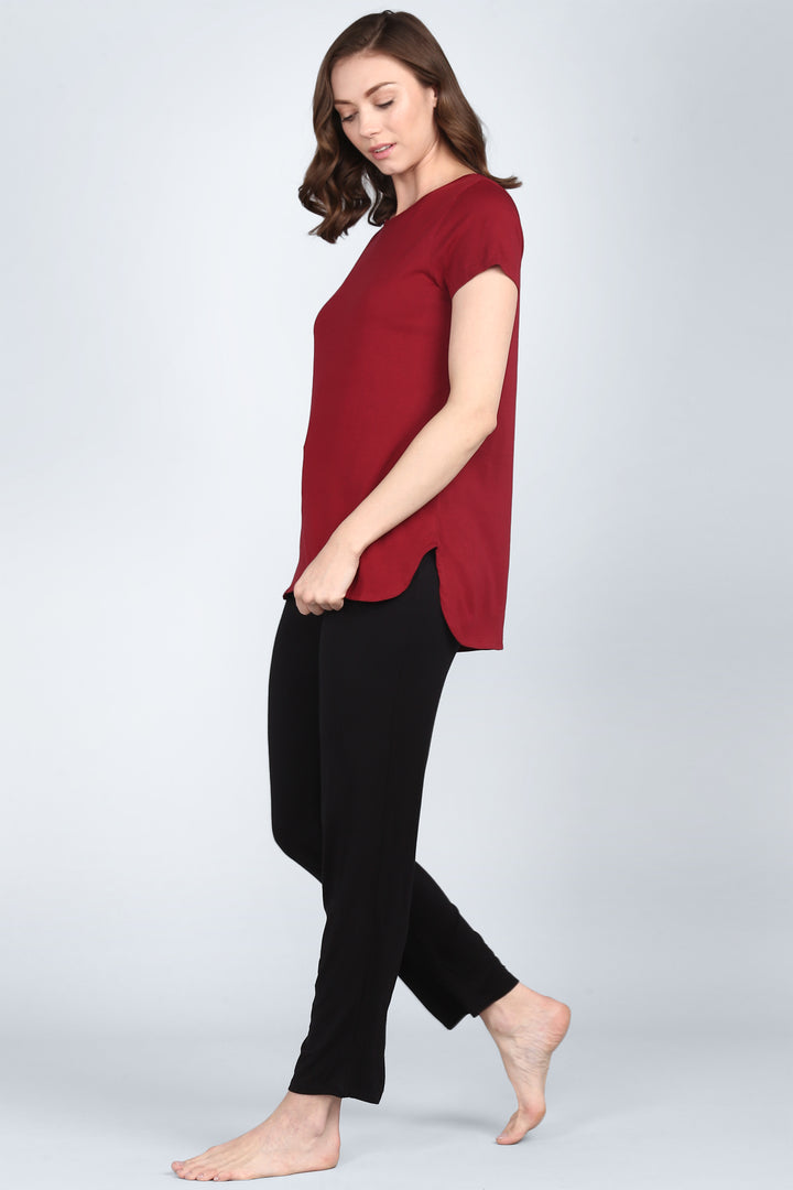 Ruby Red Lounge Set featuring a stylish top and comfortable pants.