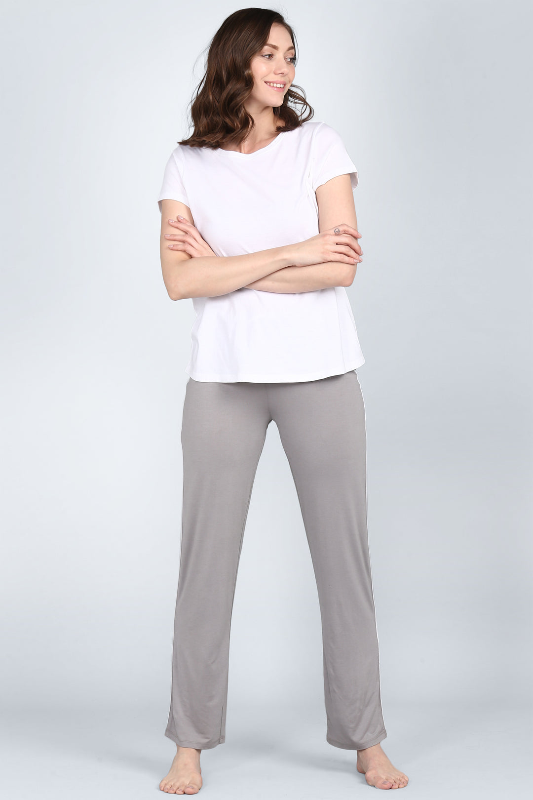 Deep grey pajama set with a comfortable white top for relaxation.