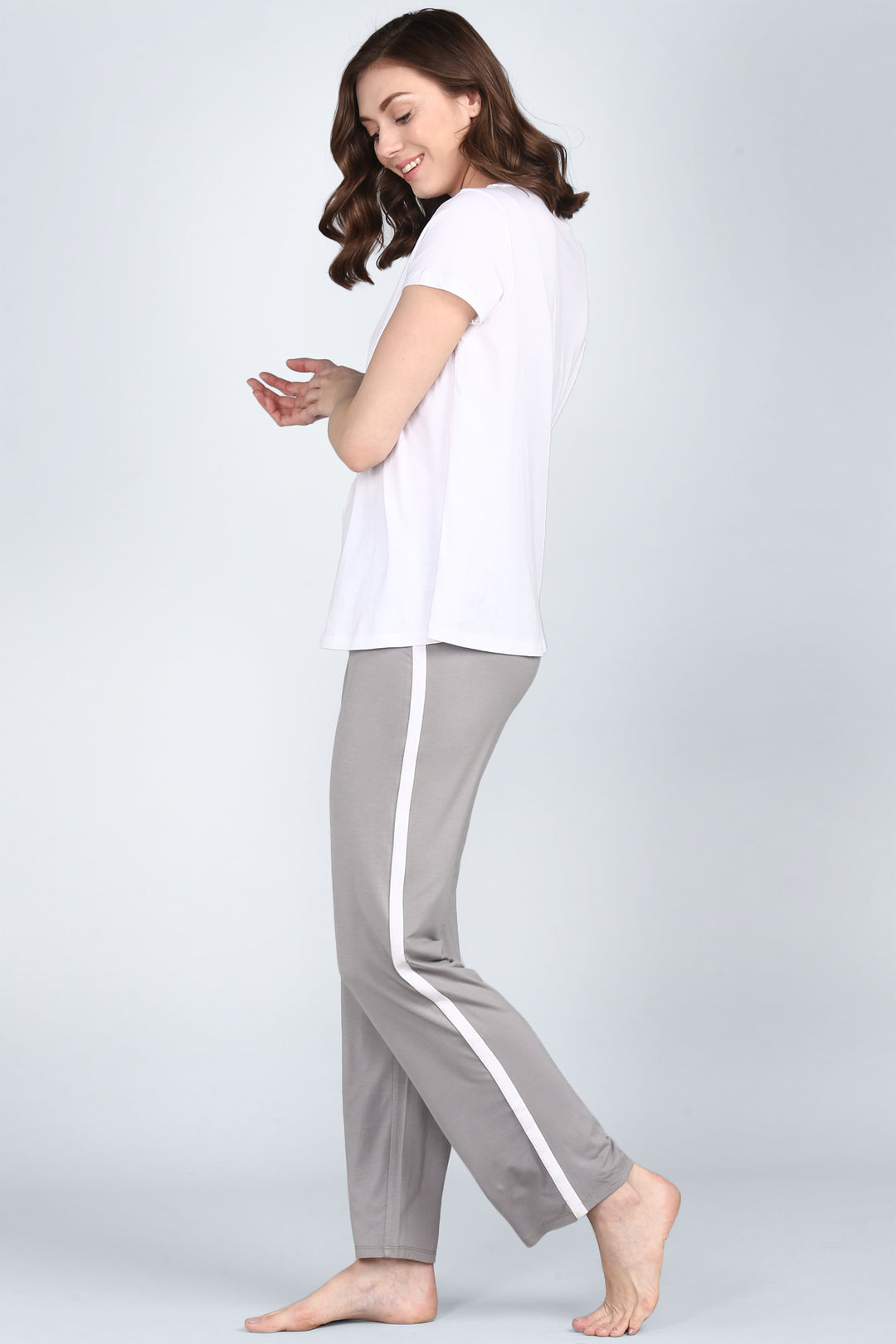 Deep grey pajama set with white accent, stylish and comfortable.