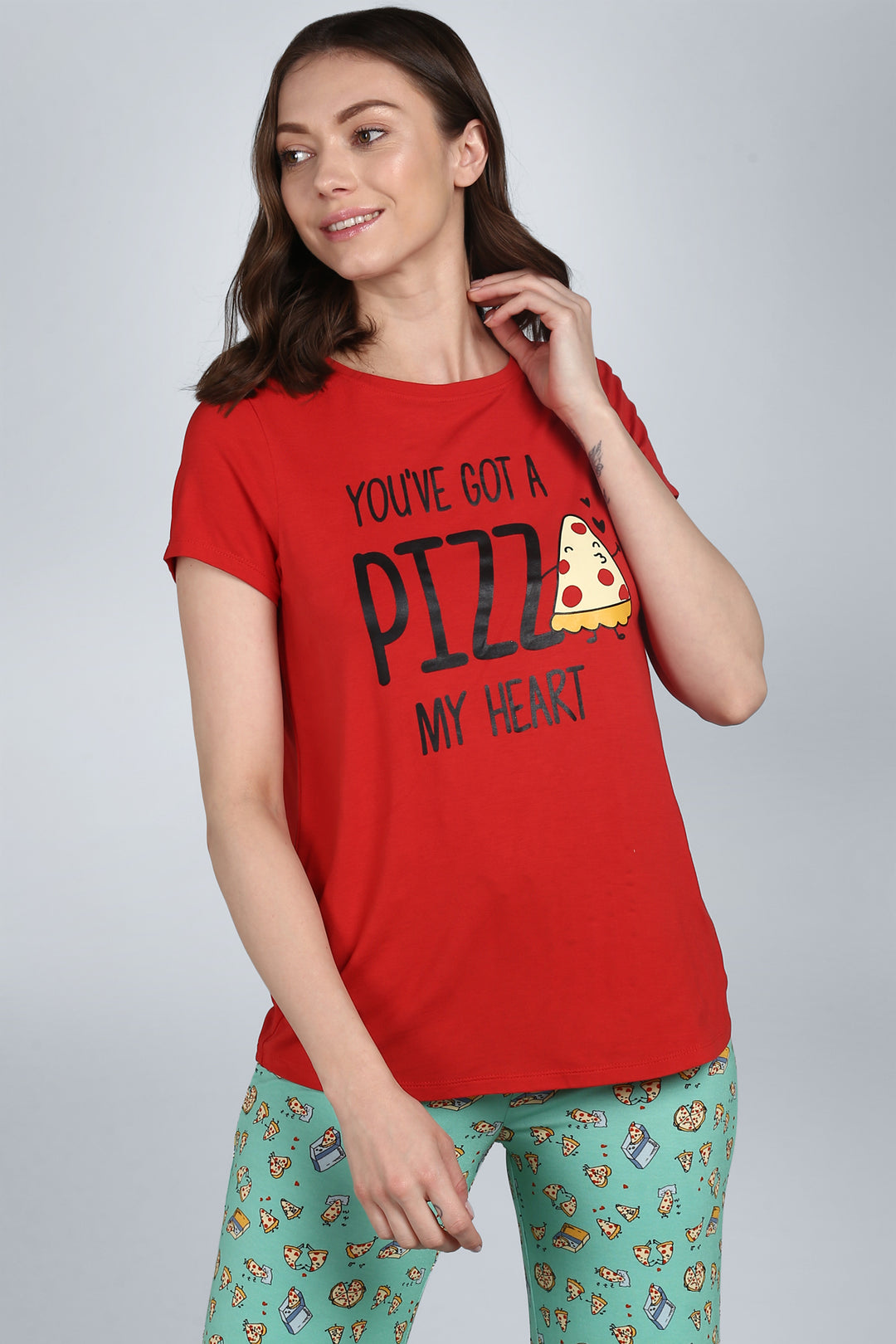 "Red Pizza My Heart shorts set with playful design."