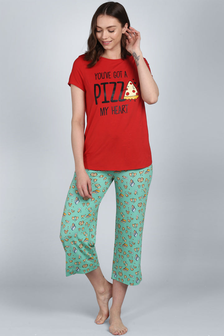 Casual Capri set with pizza-themed design for comfortable lounging.