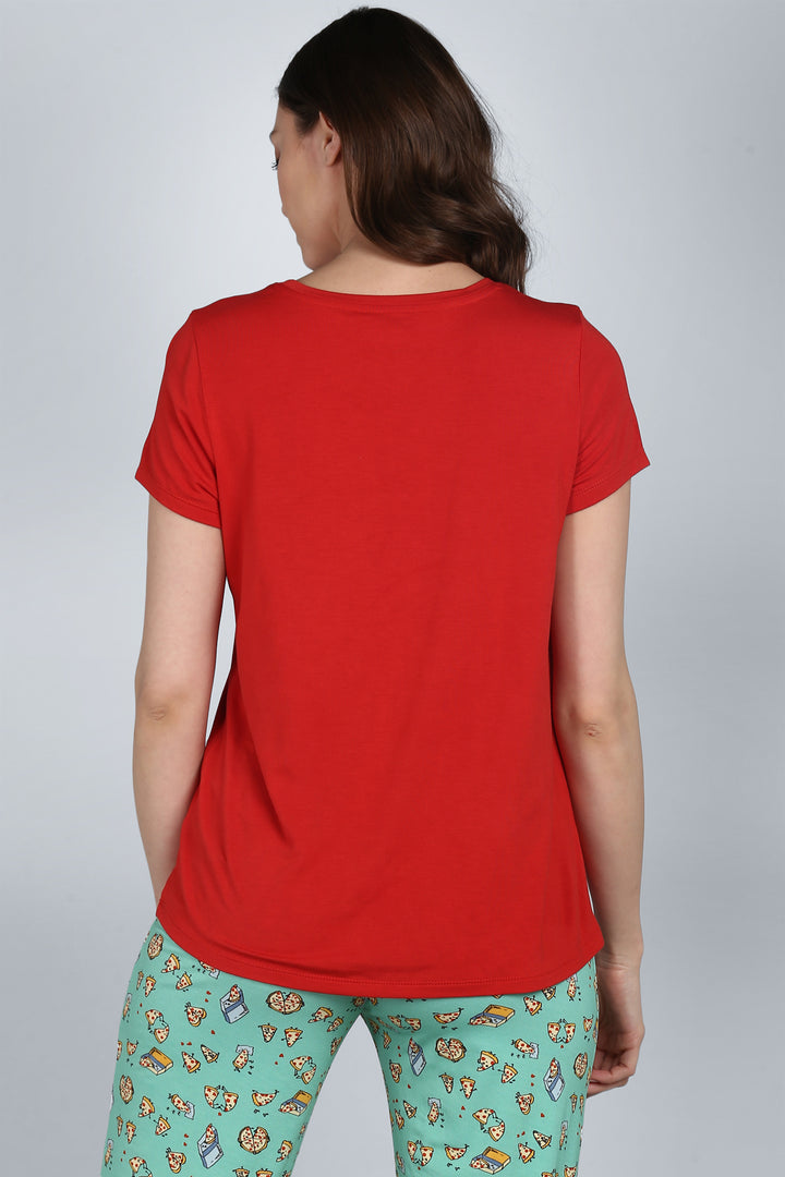 Stylish red top with pizza-themed Capri set for casual wear.