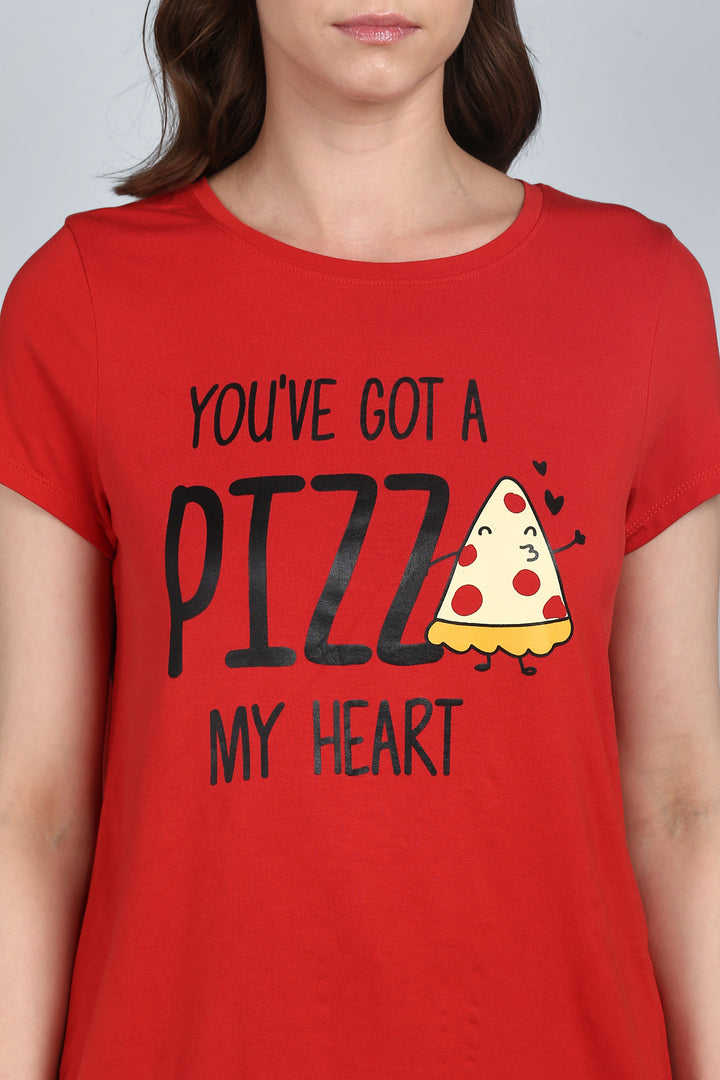 "Red t-shirt featuring 'You've Got a Pizza My Heart' graphic design."