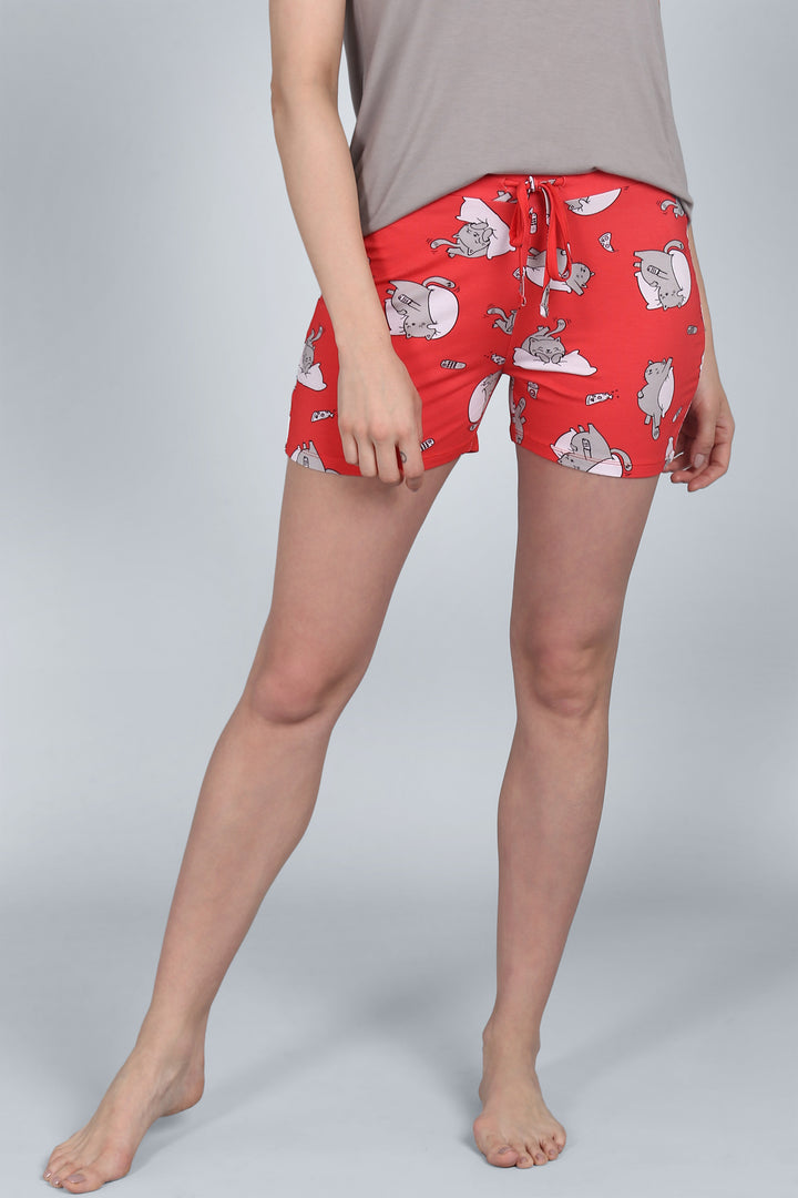 Lazy Cat Shorts featuring playful cartoon cats on a vibrant red background.