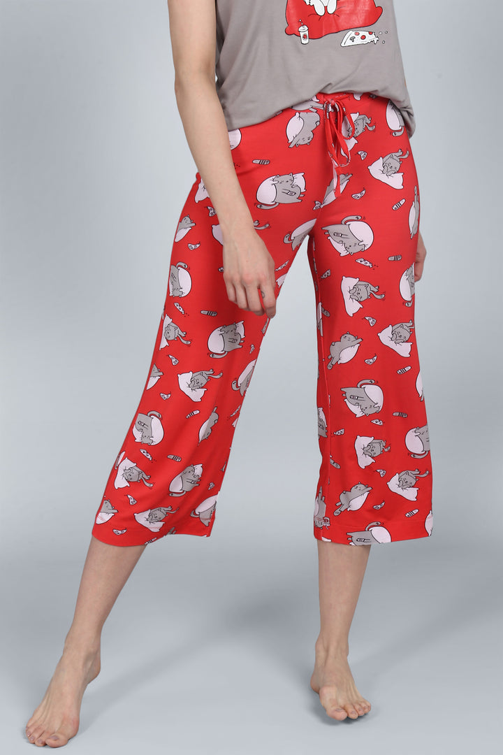 Lazy Cat Capri sleepwear featuring playful cat print in vibrant red.