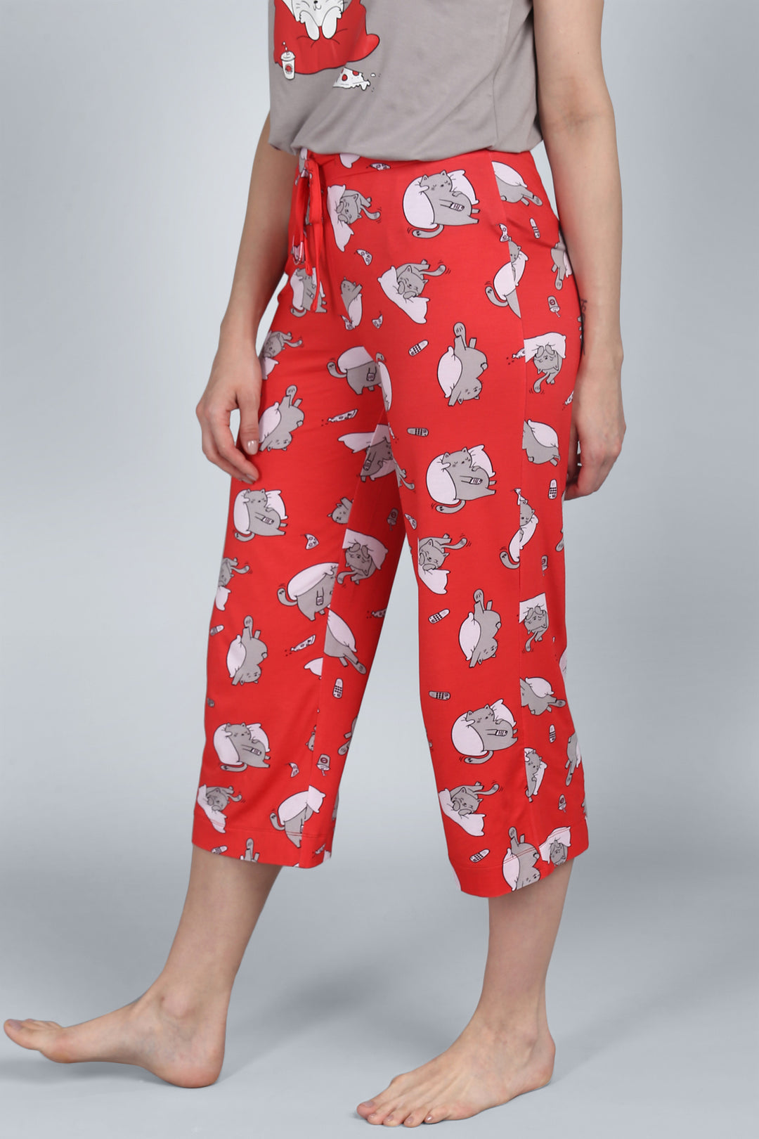 Lazy Cat Capri pants with fun cat print for relaxed lounging.