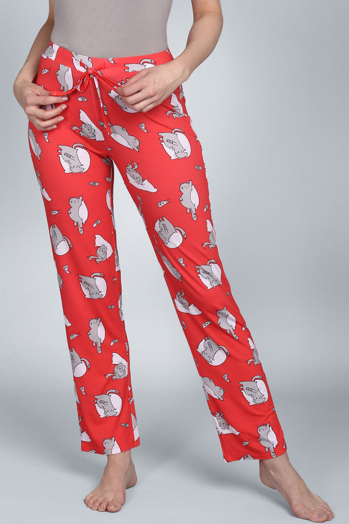 Lazy Cat Pajamas with playful cat prints in vibrant red.