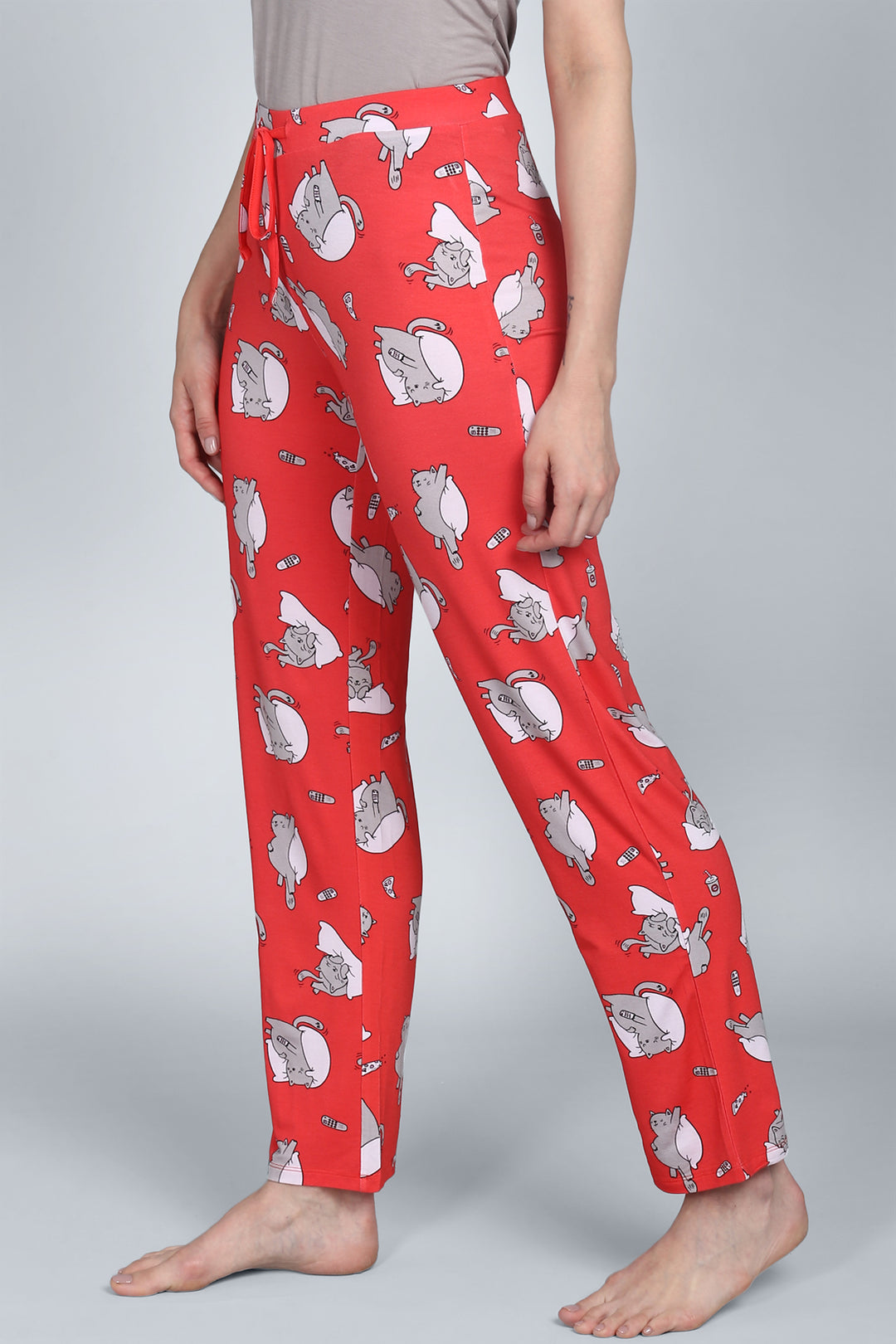 Lazy Cat Pajamas with playful cat print design in vibrant red color.