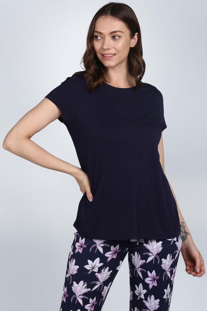 Happy Blossoms Capri Set featuring floral leggings and a navy tee.