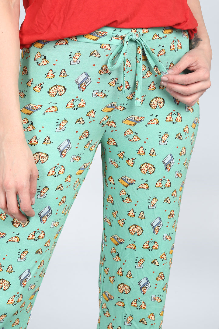 Colorful pajama pants with pizza print and drawstring waistband.