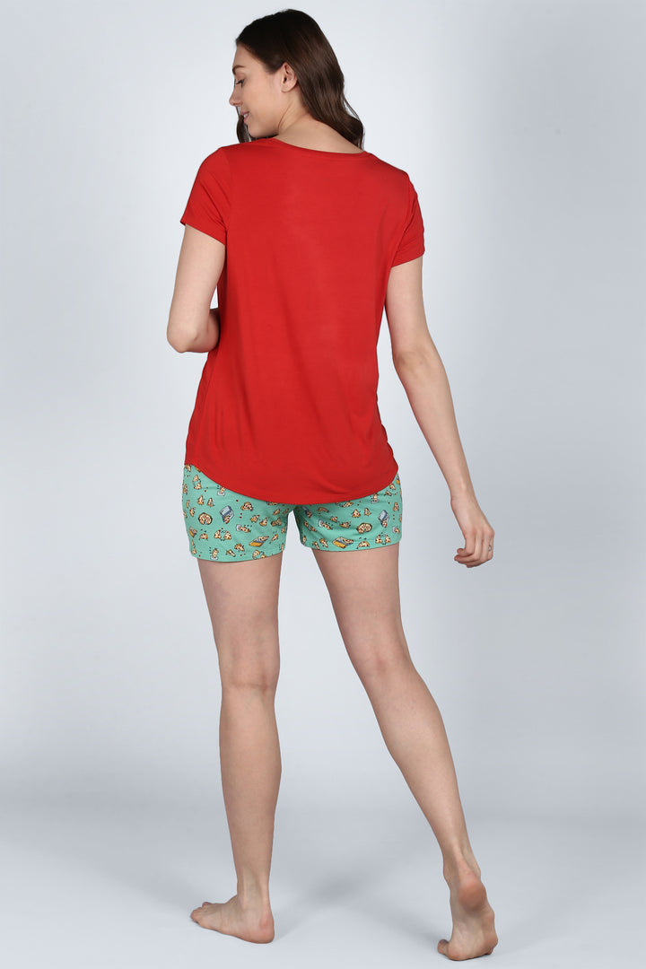 Back view of model wearing Pizza My Heart Shorts Set.