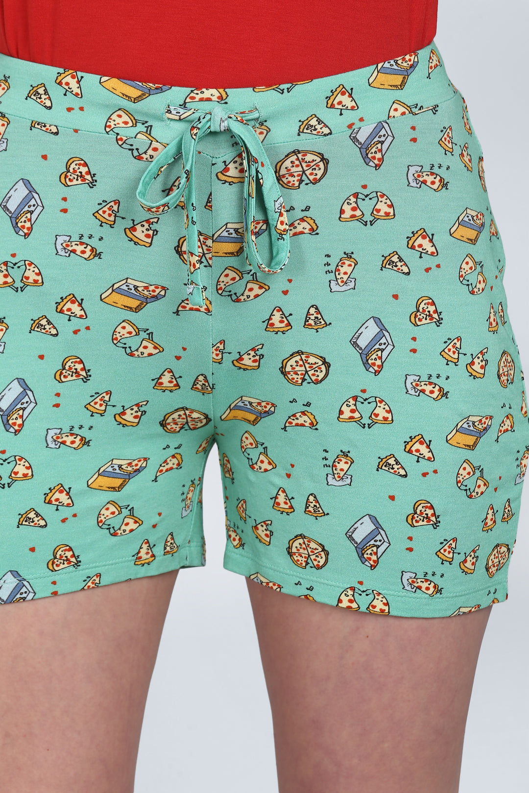 Colorful pizza print shorts set, perfect for casual summer wear.