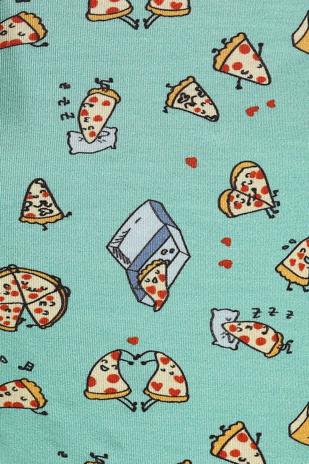 Cute pizza-themed shorts set with playful illustrations on mint background.