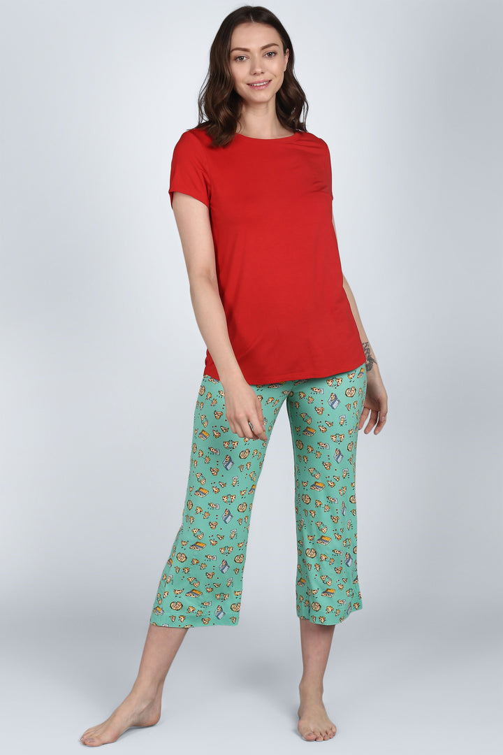 Royal Red Capri Set featuring a red shirt and patterned green capris.