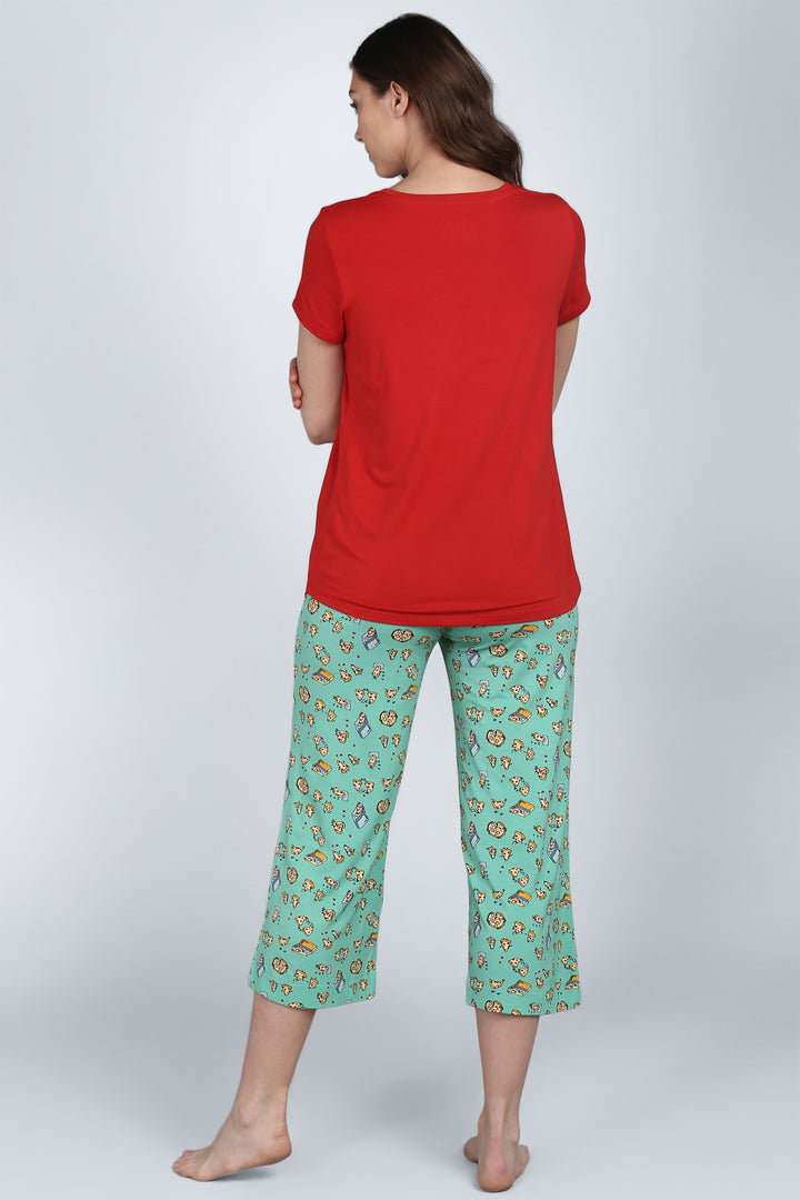 Women’s Capri pajamas featuring fun pizza print and red top.