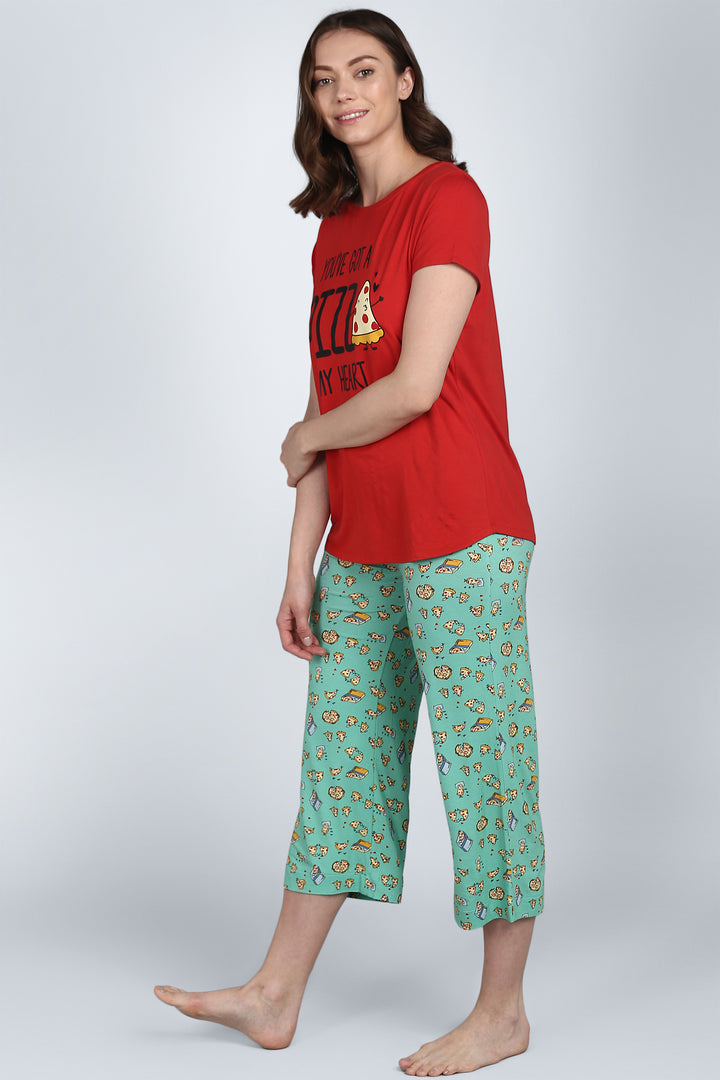 "Pizza My Heart Capri loungewear set featuring fun pizza print."