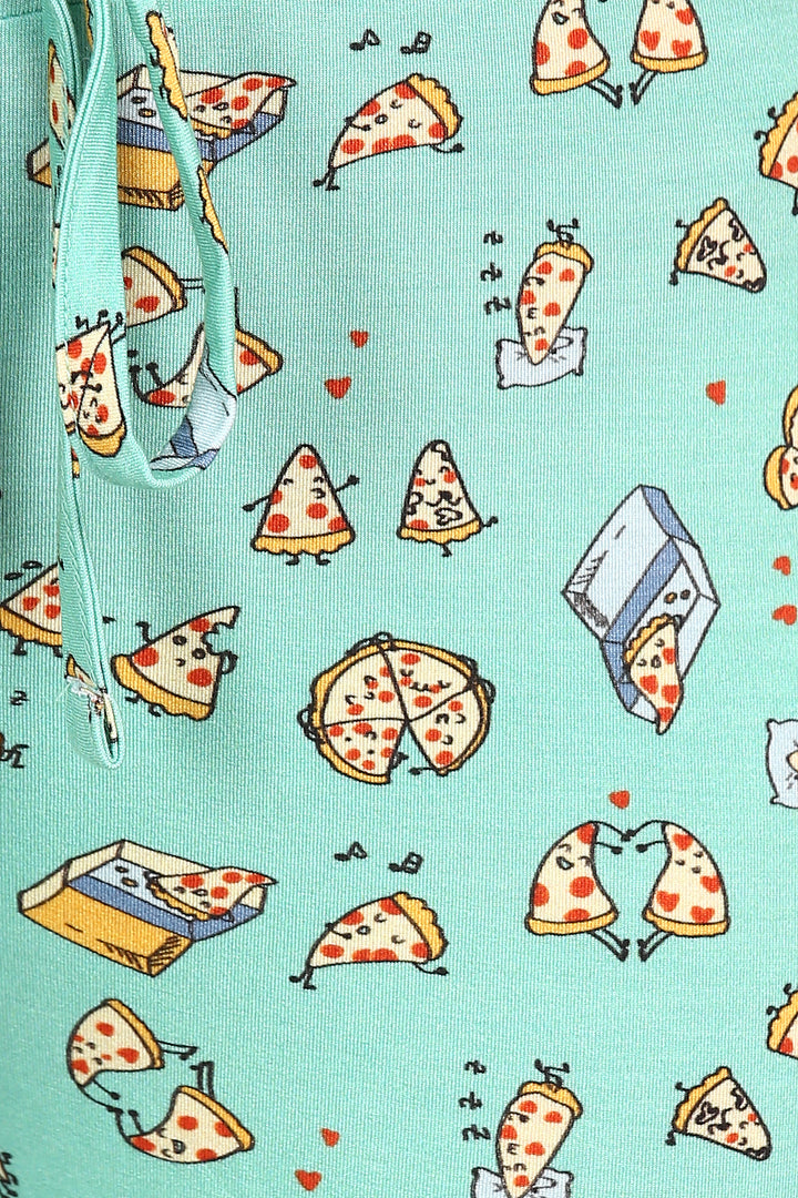 Playful pizza print design on mint green fabric for Capri pants.