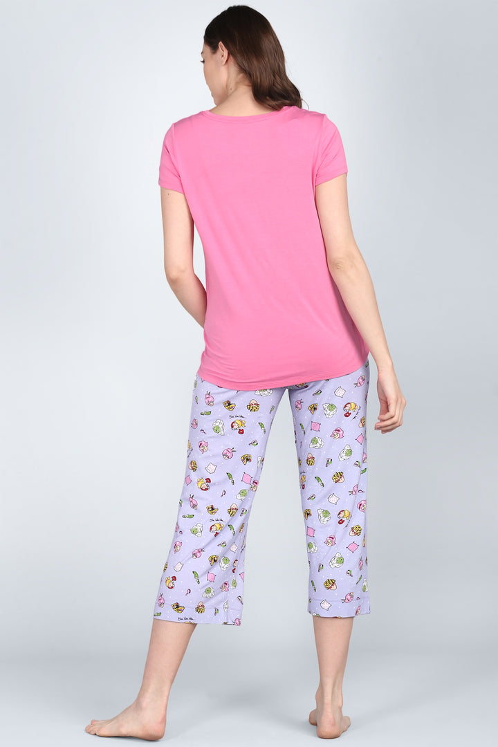 Hearty pink capri set with playful patterned pants, perfect for comfort.