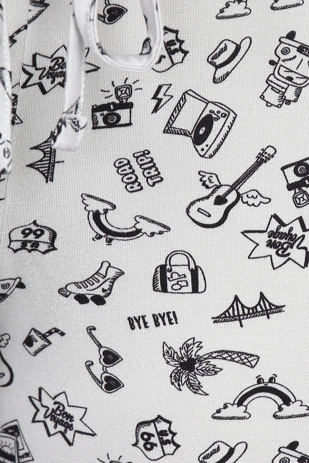 Patterned fabric featuring travel-themed doodles for Bon Voyage Capri.