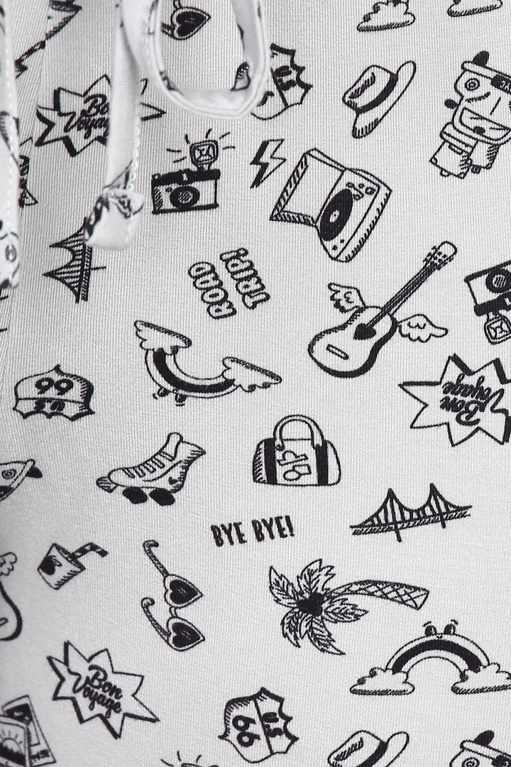 Patterned fabric featuring travel-themed doodles for Bon Voyage Capri.