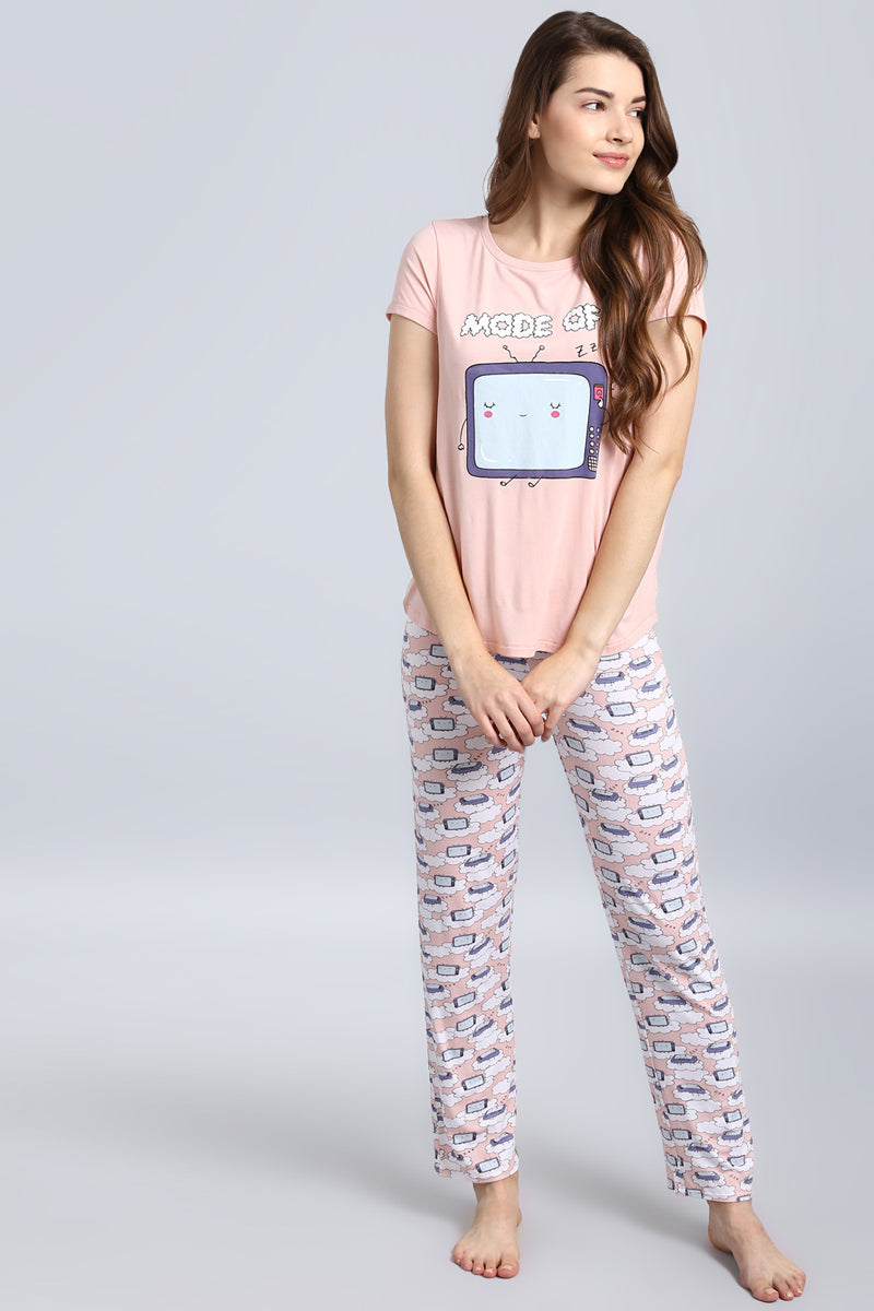 Cute pink Sleepy T.V Pajama Set with cartoon design for comfort.