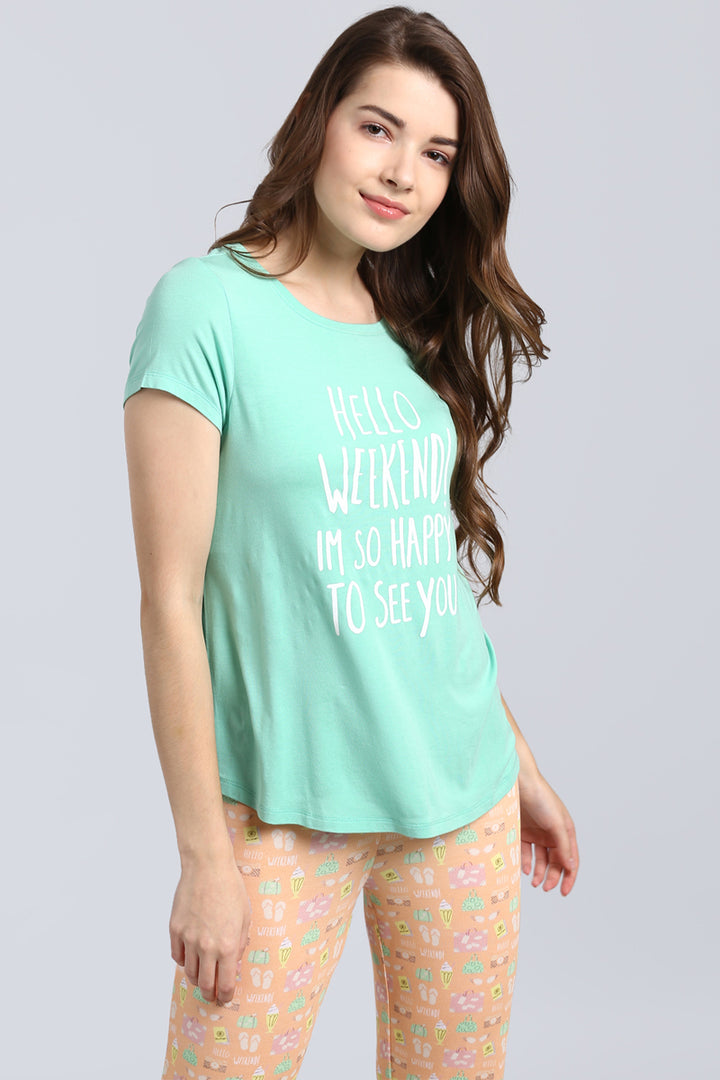 Hello Weekend Pajama Set featuring a cheerful graphic tee and patterned pants.