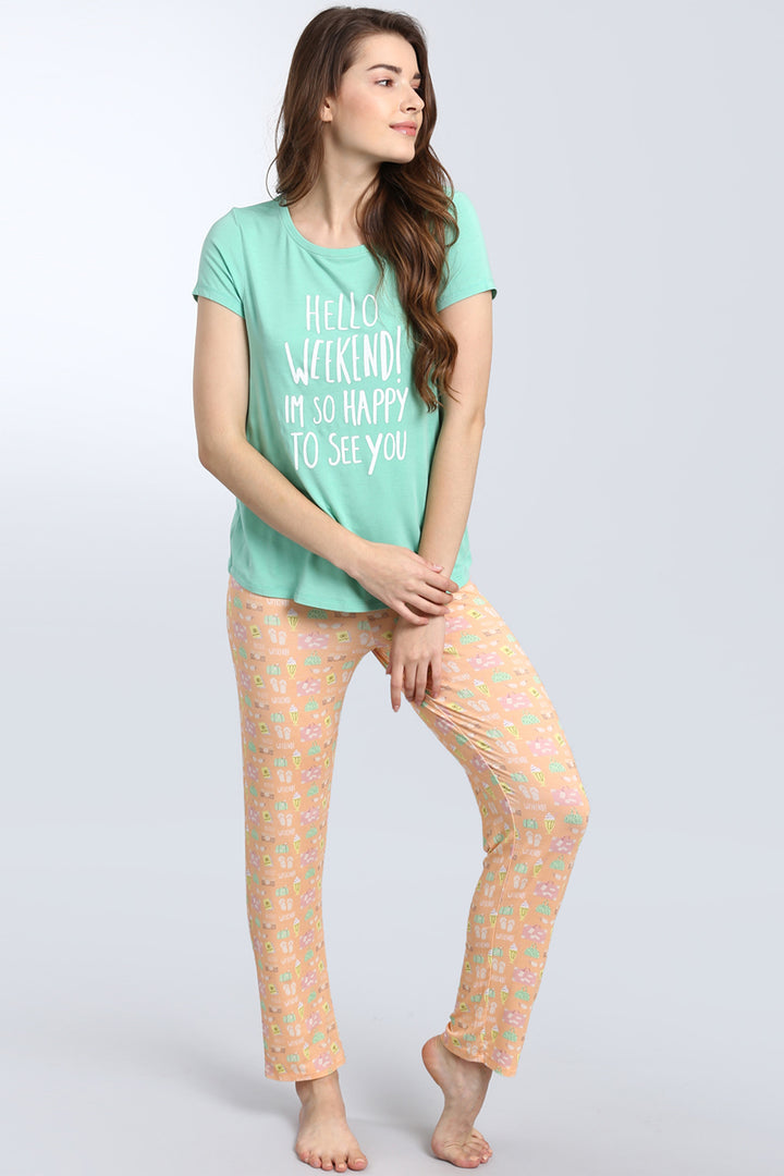 Hello Weekend pajama set featuring a playful graphic tee and patterned pants.