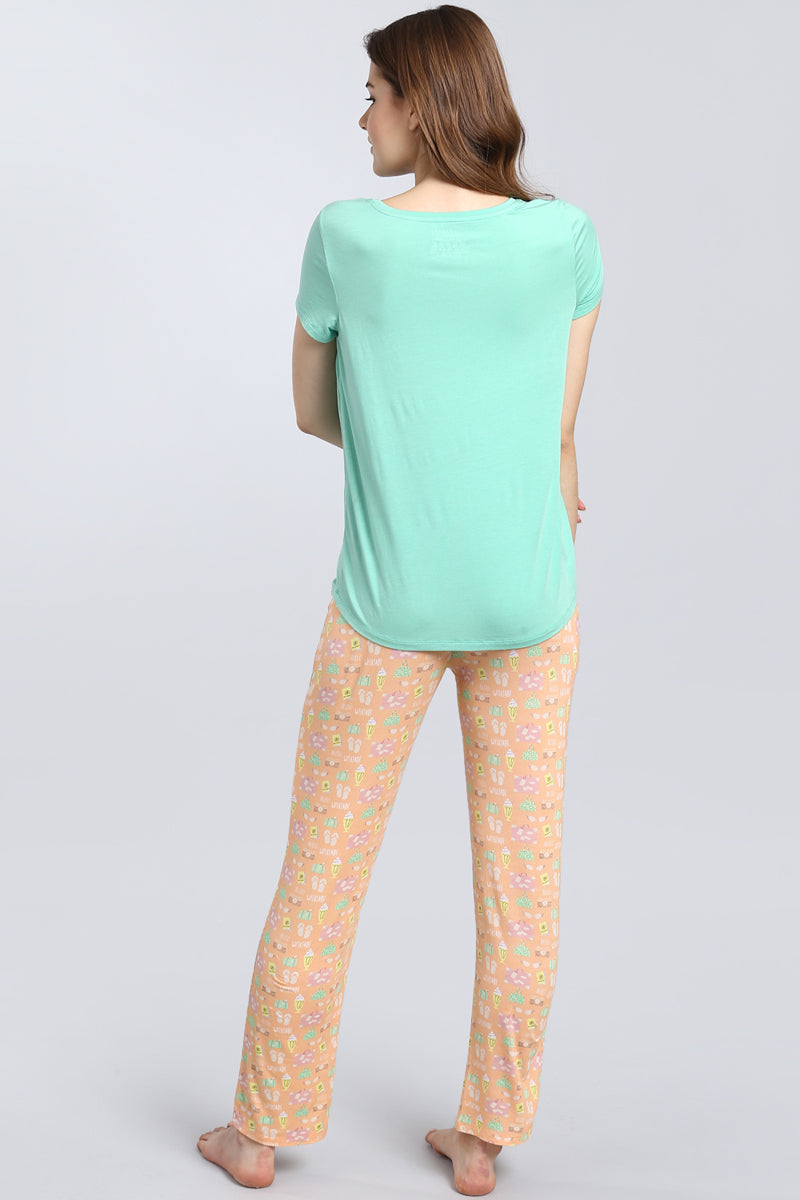 Back view of Hello Weekend Pajama Set featuring mint top and patterned pants.