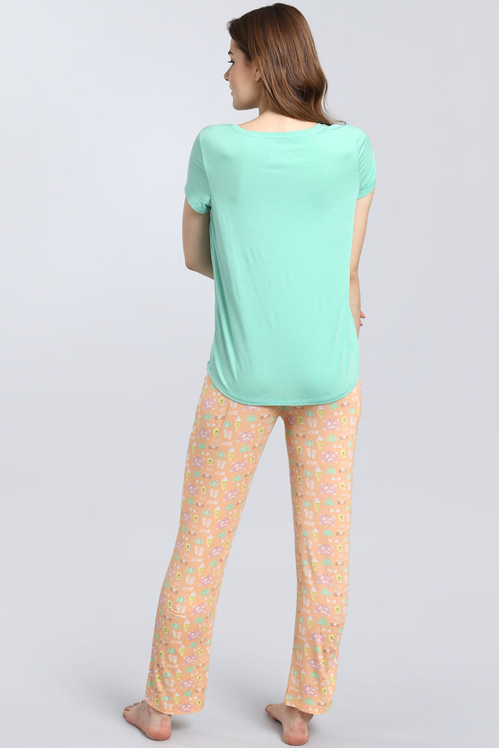 Back view of Hello Weekend Pajama Set featuring mint top and patterned pants.