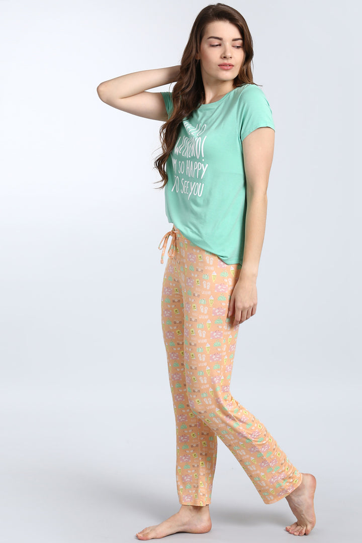 "Hello Weekend Pajama Set featuring a cheerful graphic tee and patterned pants."