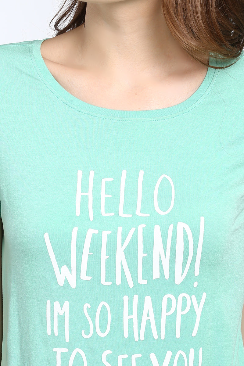 Hello Weekend pajama set with cheerful text design in mint green.