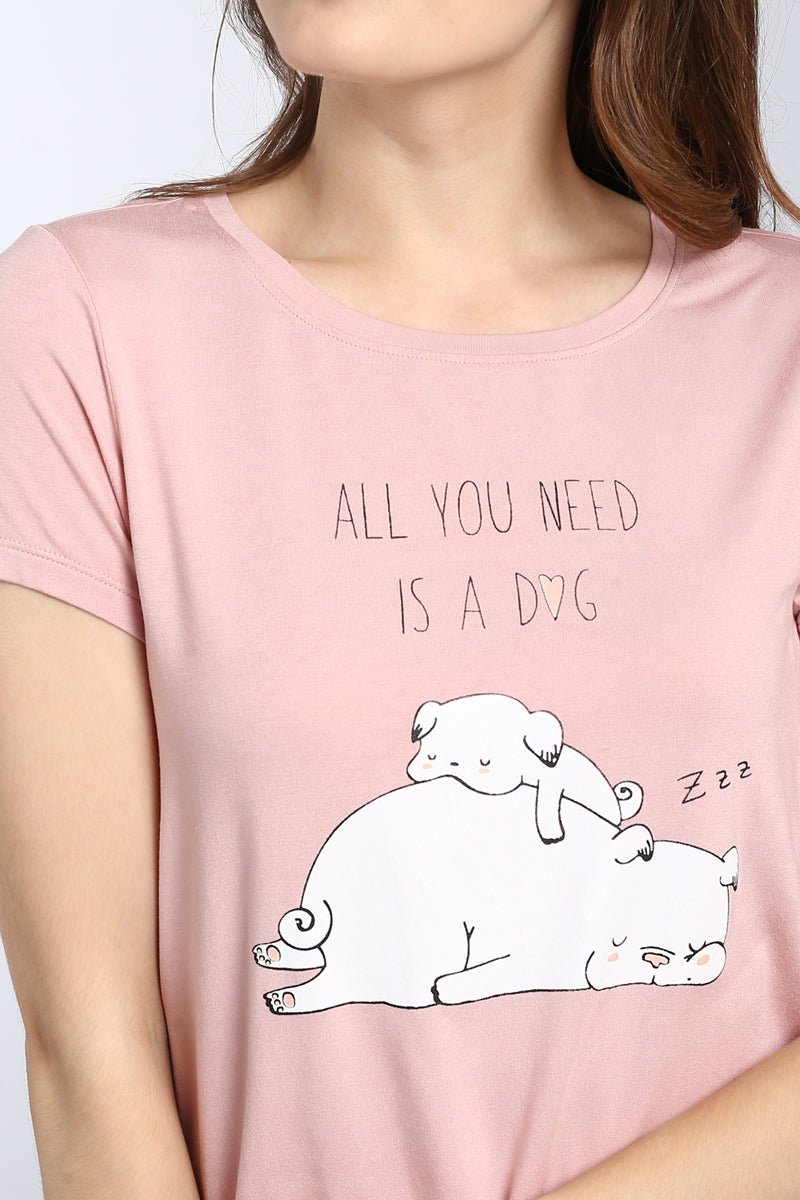 Cute pink dog-themed top with "All You Need Is A Dog" text.