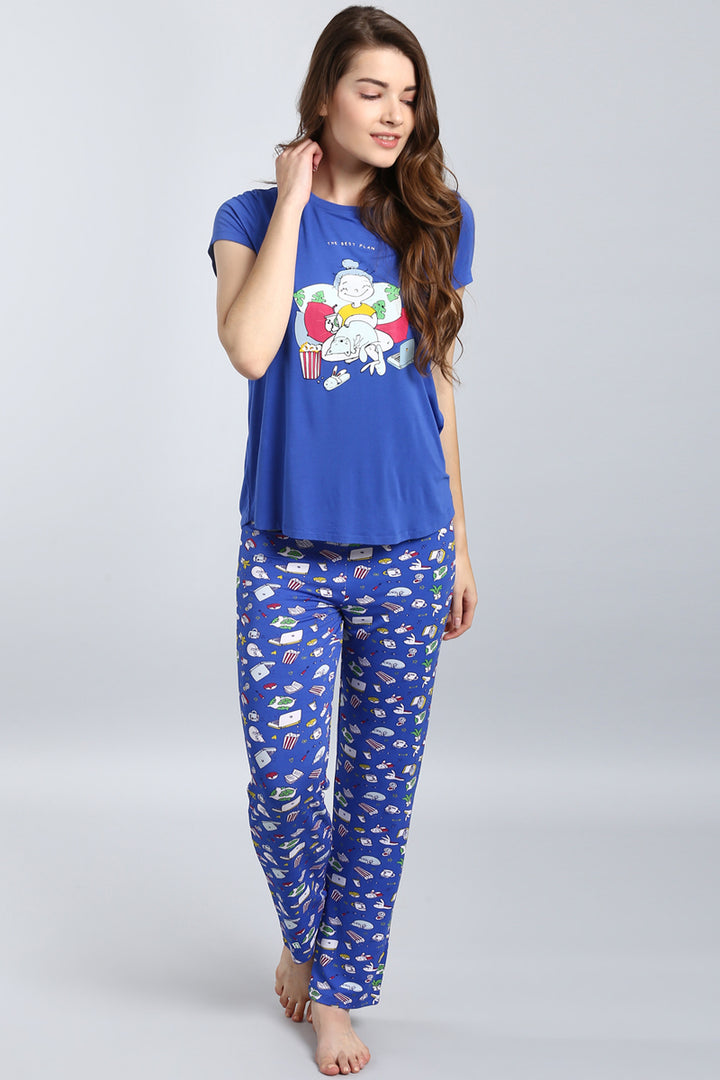 Off-Duty Bossbabe Pajamas featuring fun character design and vibrant blue colors.