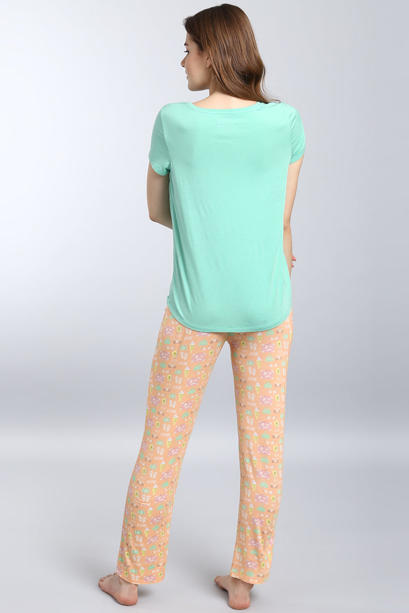 Hello Weekend Pajama Set featuring a mint top and patterned colorful pants.