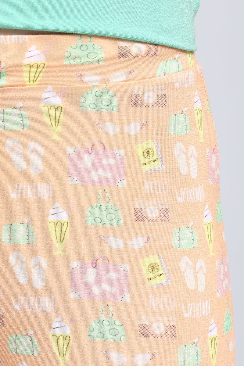 Dreamy Weekend Shorts Set with playful vacation-themed print.