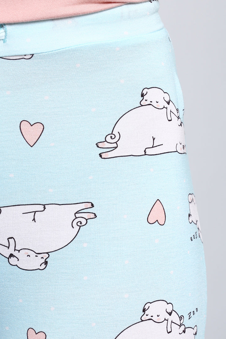 Cute puppy print on light blue pajama set for cozy nights.