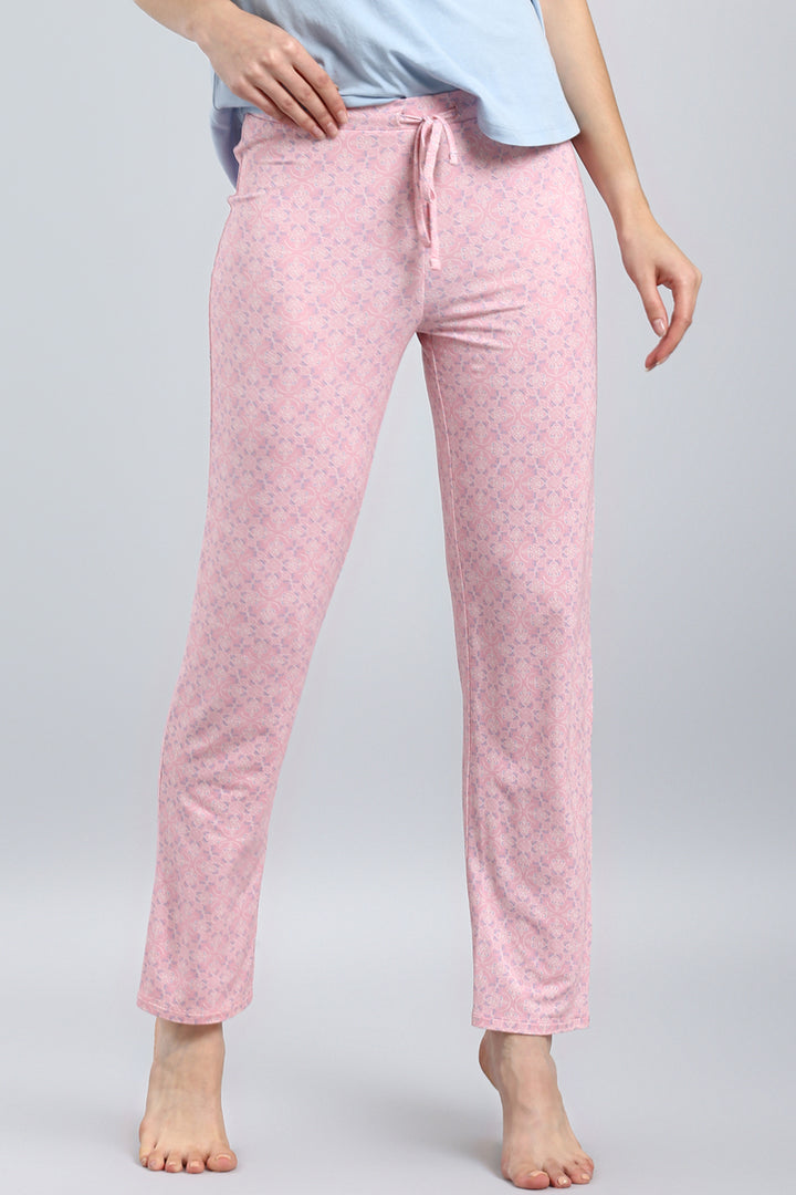 Blush pattern lounge set featuring stylish, comfortable pants for relaxation.