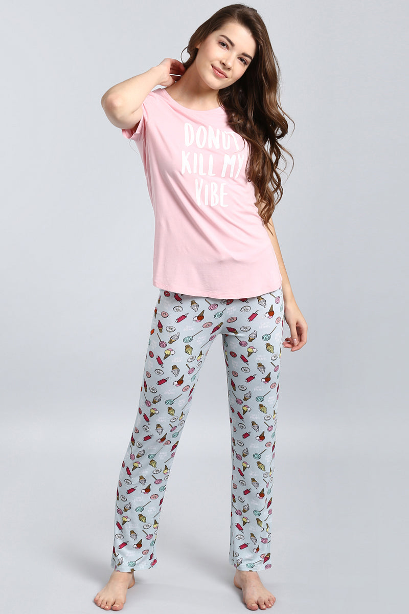 "Do Not Kill My Vibe Pajama Set with playful ice cream print."