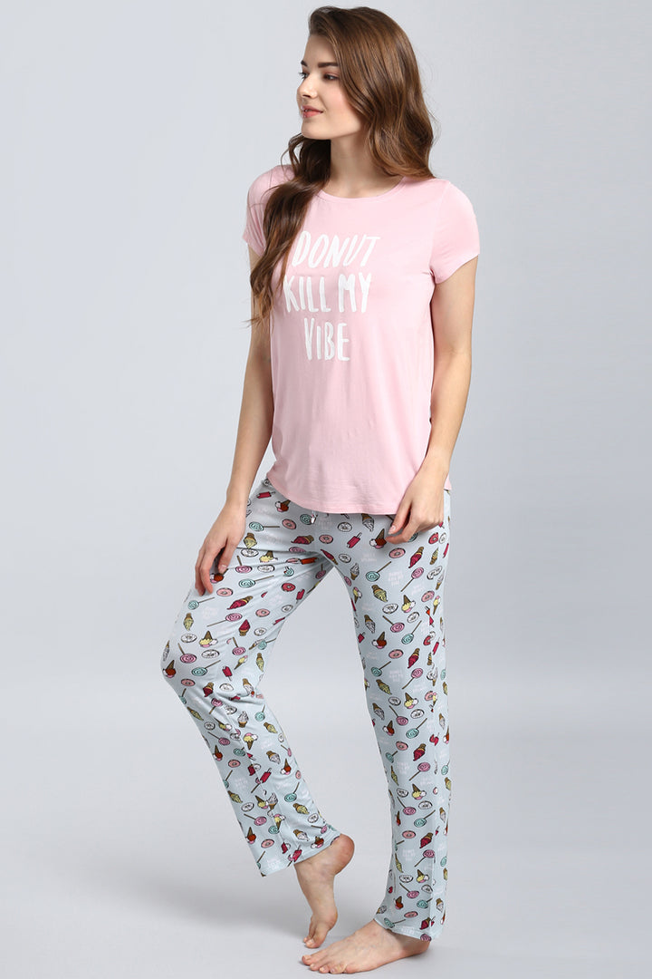 "Do Not Kill My Vibe Pajama Set with dessert print pants"