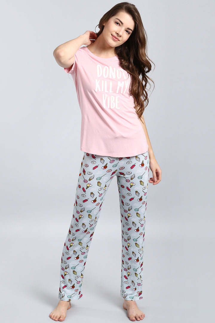 "Do Not Kill My Vibe Pajama Set with playful print and relaxed fit."