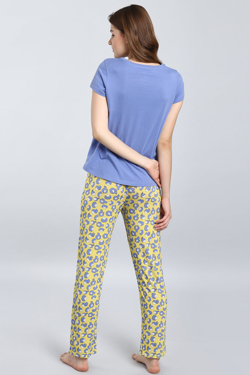 Happy Girl Pajama Set featuring comfortable blue top and playful yellow pants.