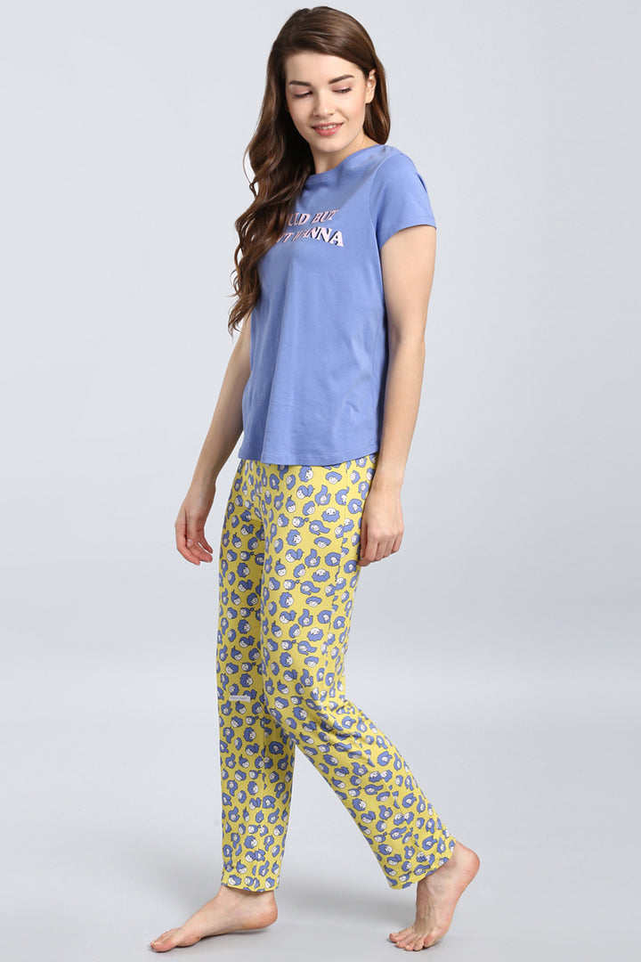 Happy Girl Pajama Set featuring a blue top and yellow patterned pants.