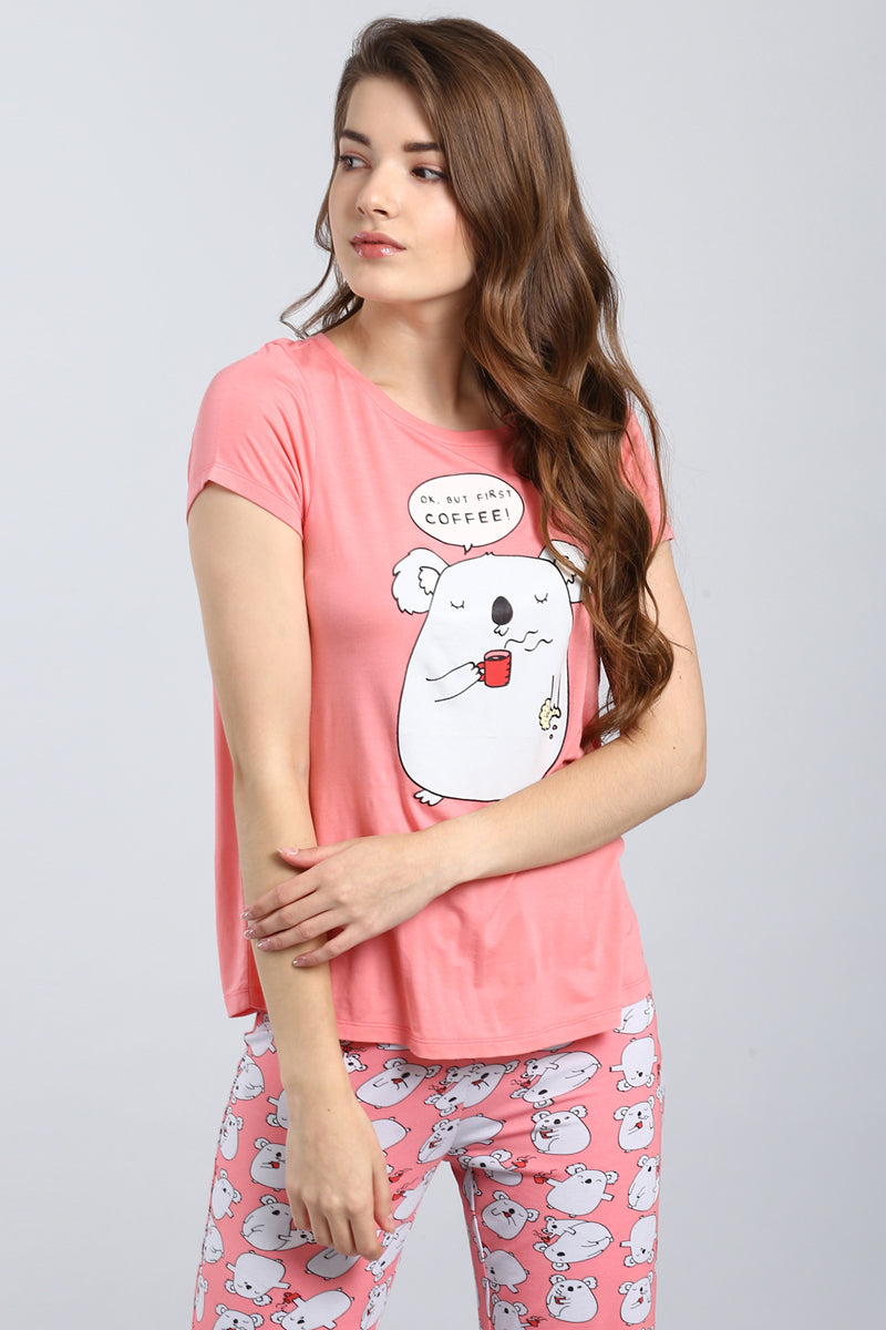 Coffee First Pajama Set featuring cute koala graphic and pink colors.