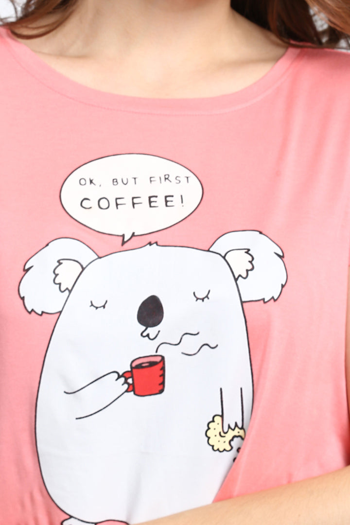 Coffee First Pajama Set featuring koala graphic and playful text.