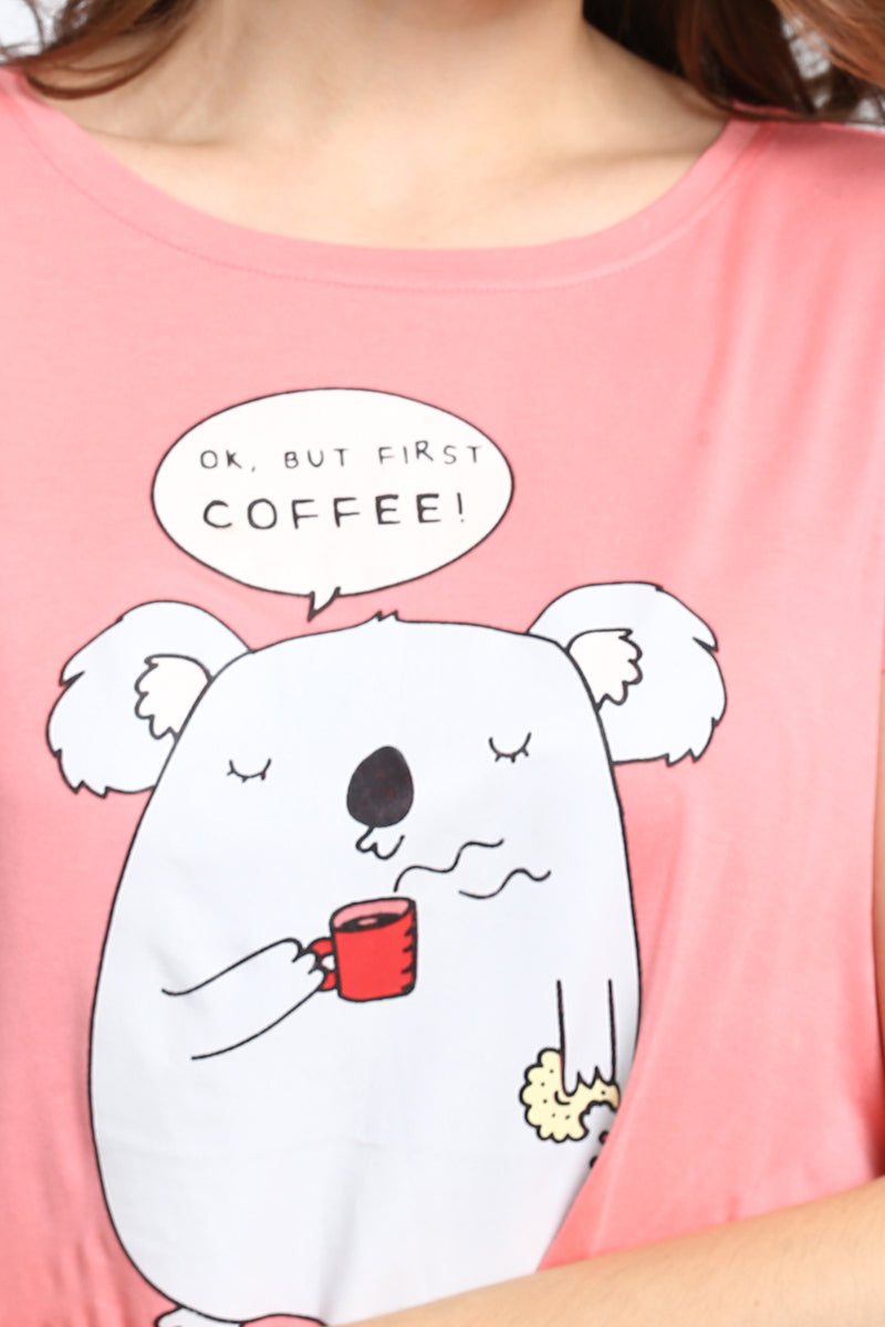 Cute koala graphic on Coffee First Shorts Set.