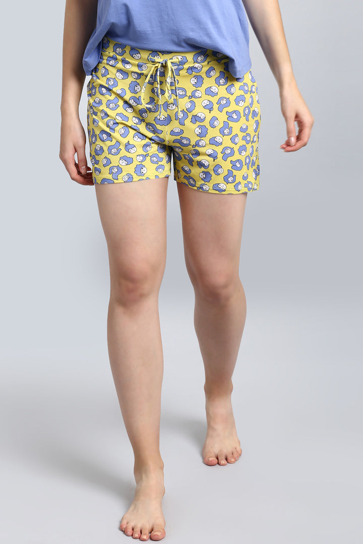 Happy Girl Shorts Set featuring playful yellow shorts with fun blue patterns.