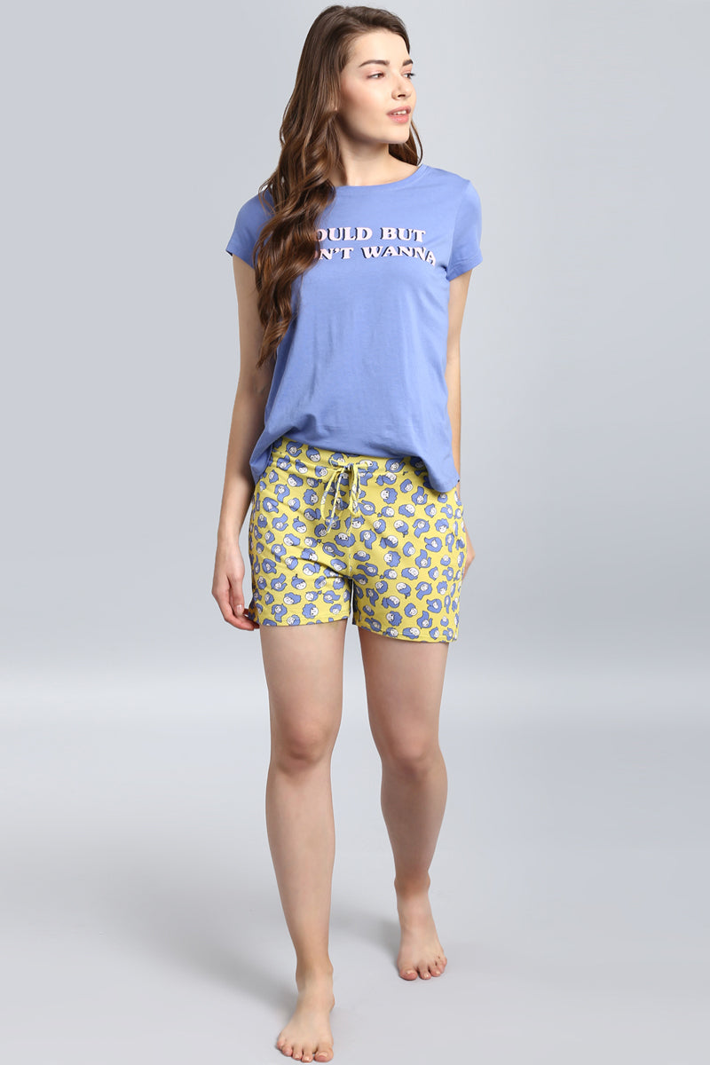 Happy Girl Shorts Set featuring comfortable blue tee and playful yellow shorts.