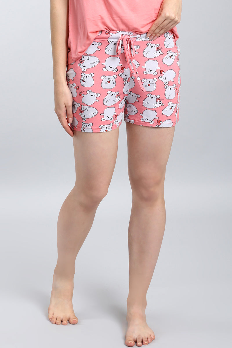 "Coffee First Shorts Set with cute cartoon animals on pink background."